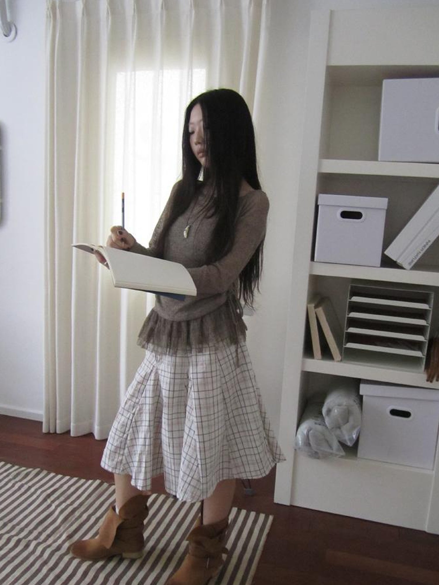 ang project Vintage Plaid Pleated Midi Skirt