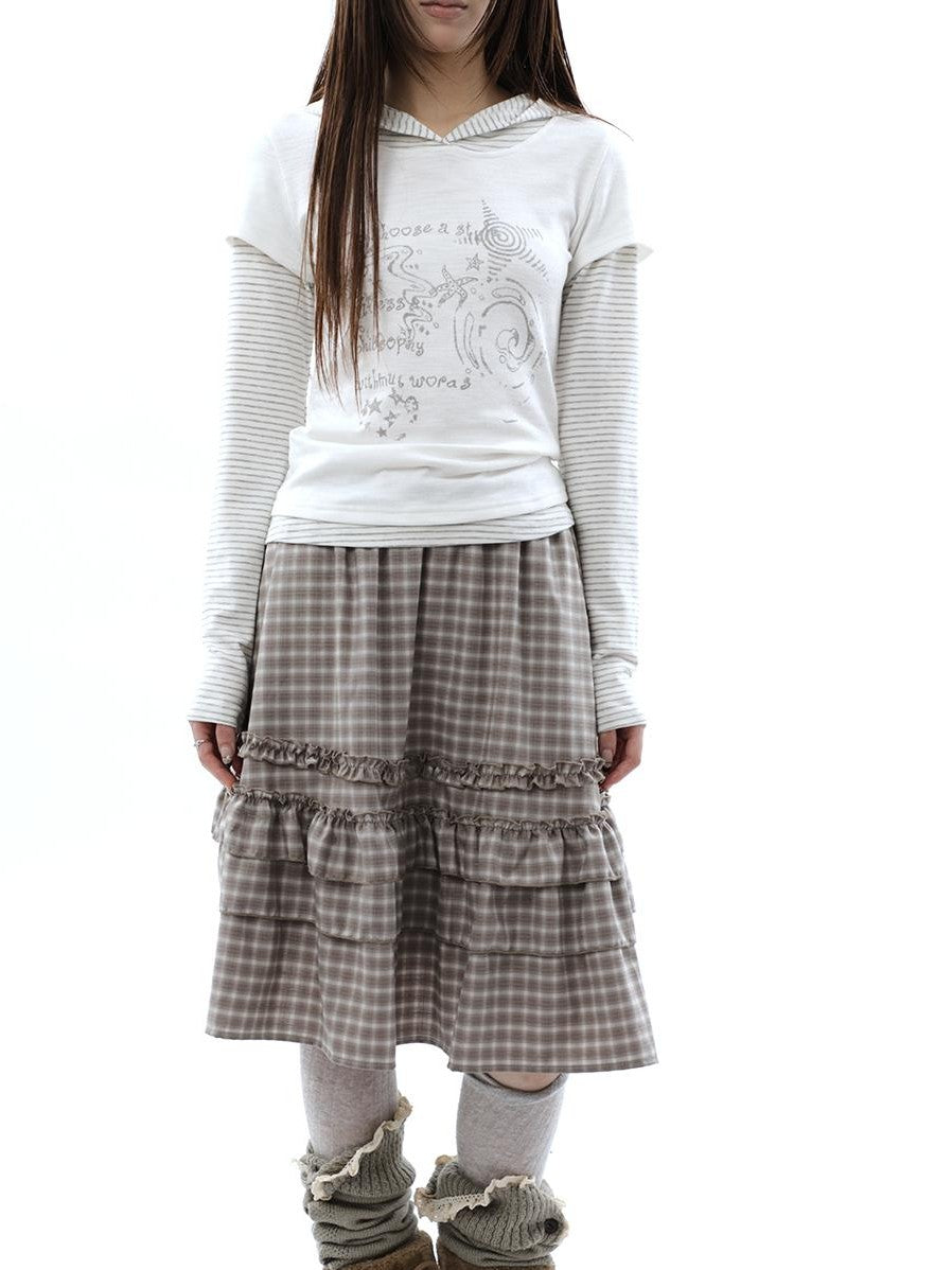 ang project Vintage Plaid Ruffle Edge Patchwork Pleated Women&