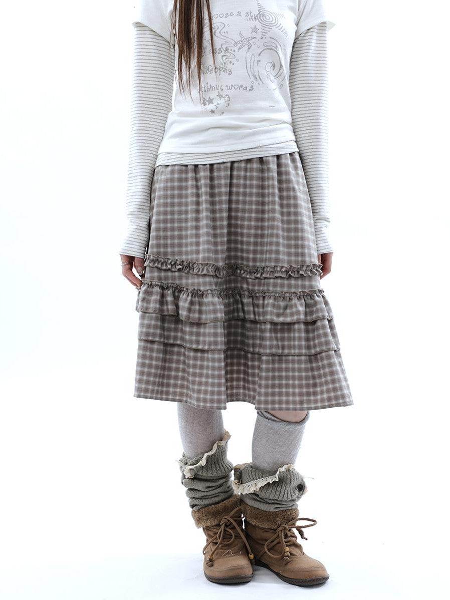 ang project Vintage Plaid Ruffle Edge Patchwork Pleated Women&