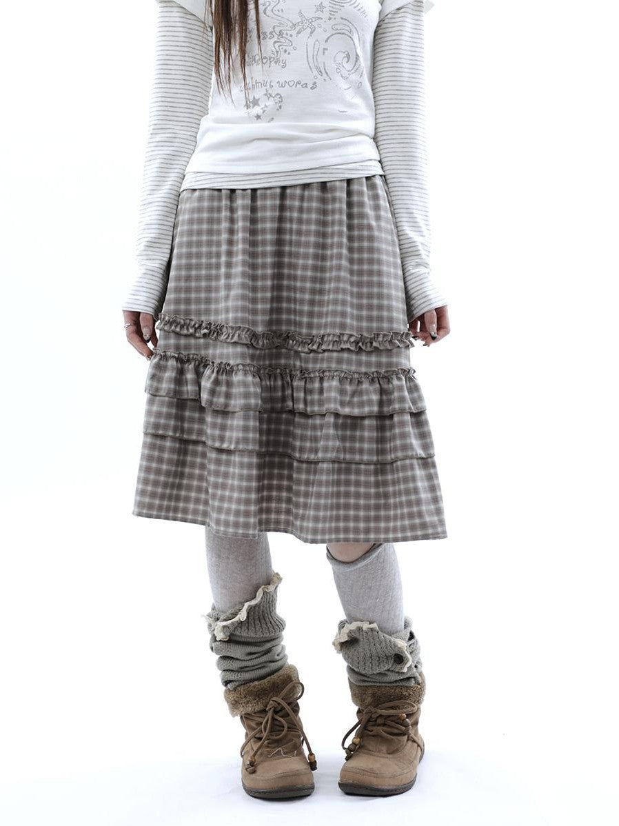 ang project Vintage Plaid Ruffle Edge Patchwork Pleated Women&
