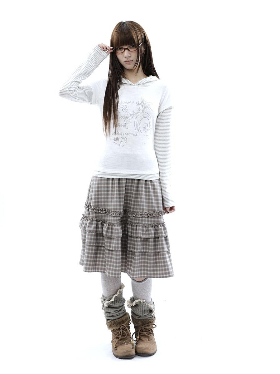 ang project Vintage Plaid Ruffle Edge Patchwork Pleated Women&