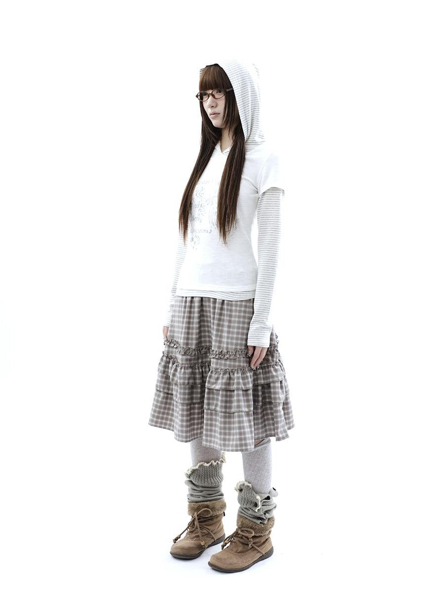 ang project Vintage Plaid Ruffle Edge Patchwork Pleated Women&