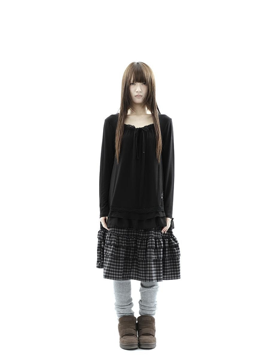 ang project Vintage Plaid Ruffle Edge Patchwork Pleated Women&