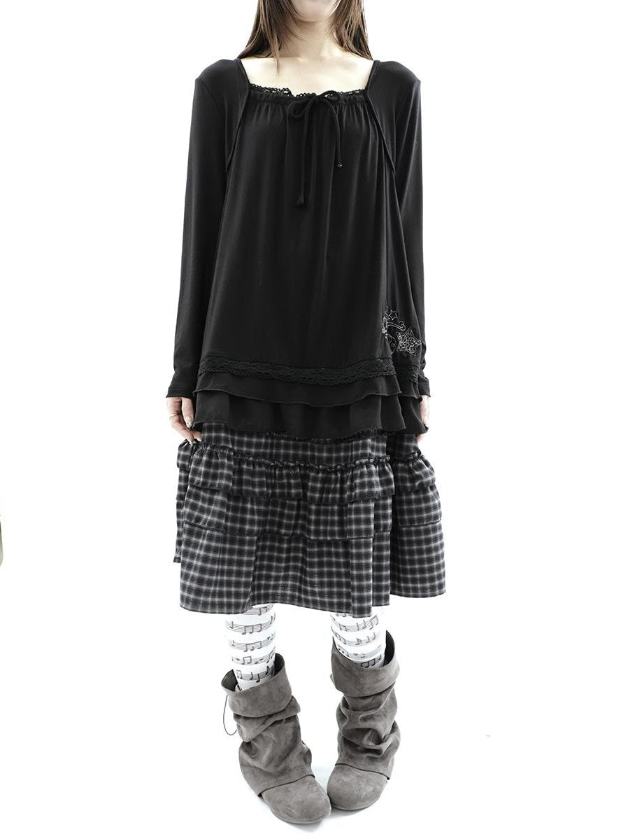 ang project Vintage Plaid Ruffle Edge Patchwork Pleated Women&