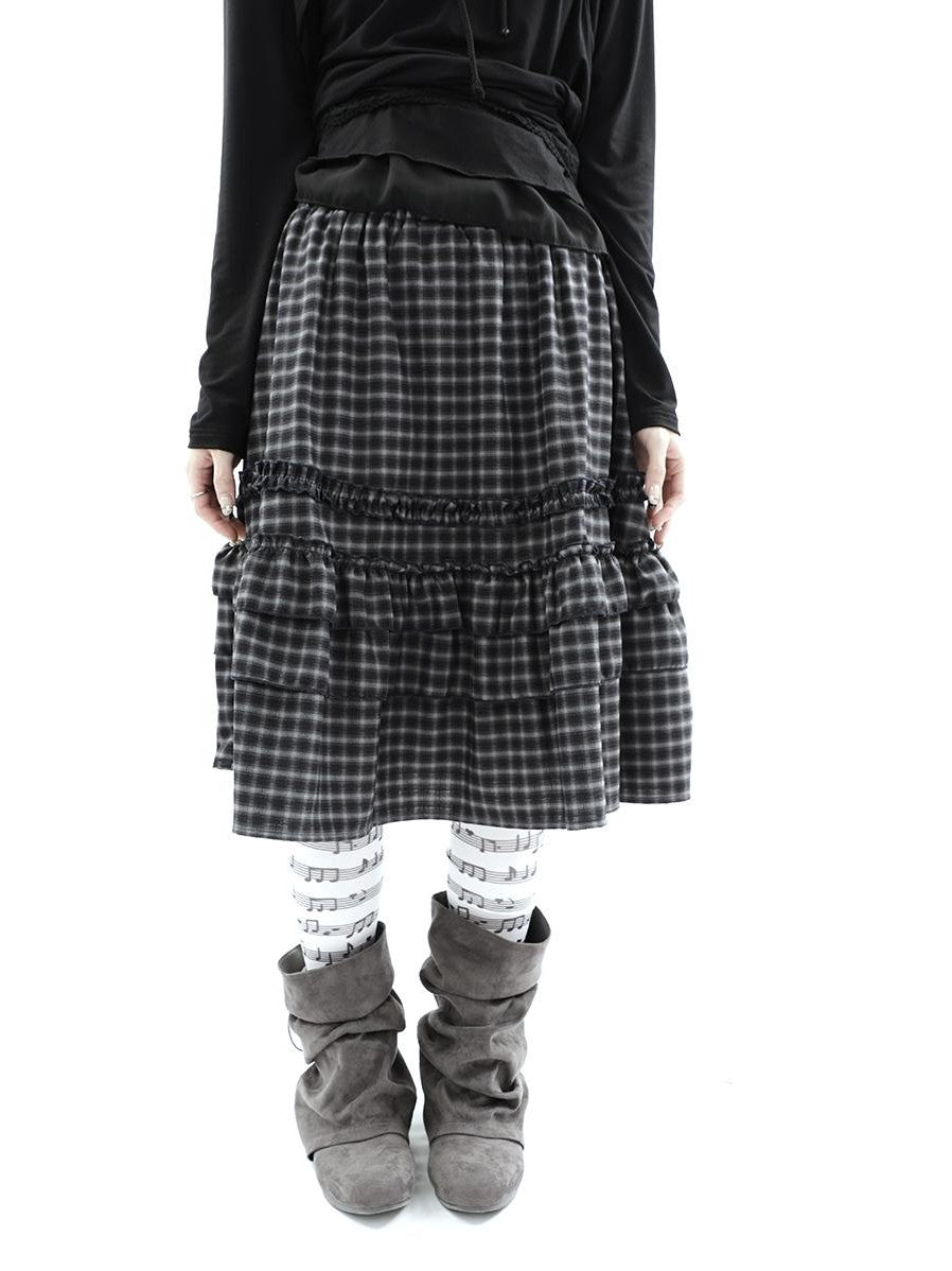 ang project Vintage Plaid Ruffle Edge Patchwork Pleated Women&