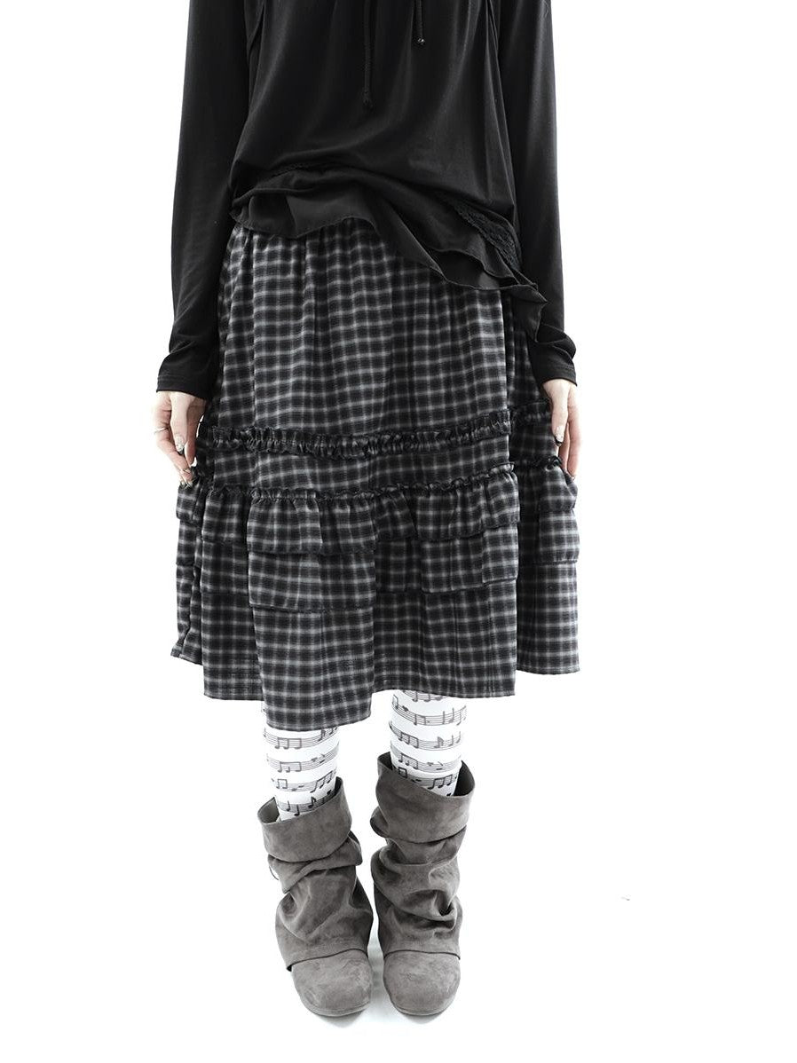 ang project Vintage Plaid Ruffle Edge Patchwork Pleated Women&