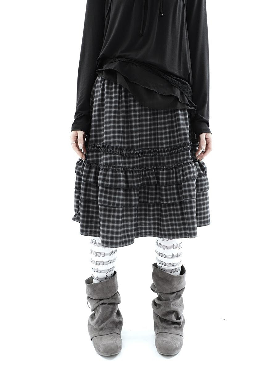 ang project Vintage Plaid Ruffle Edge Patchwork Pleated Women&