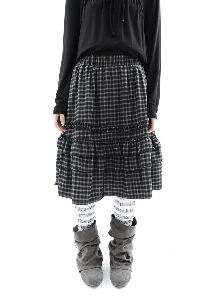 ang project Vintage Plaid Ruffle Edge Patchwork Pleated Women&