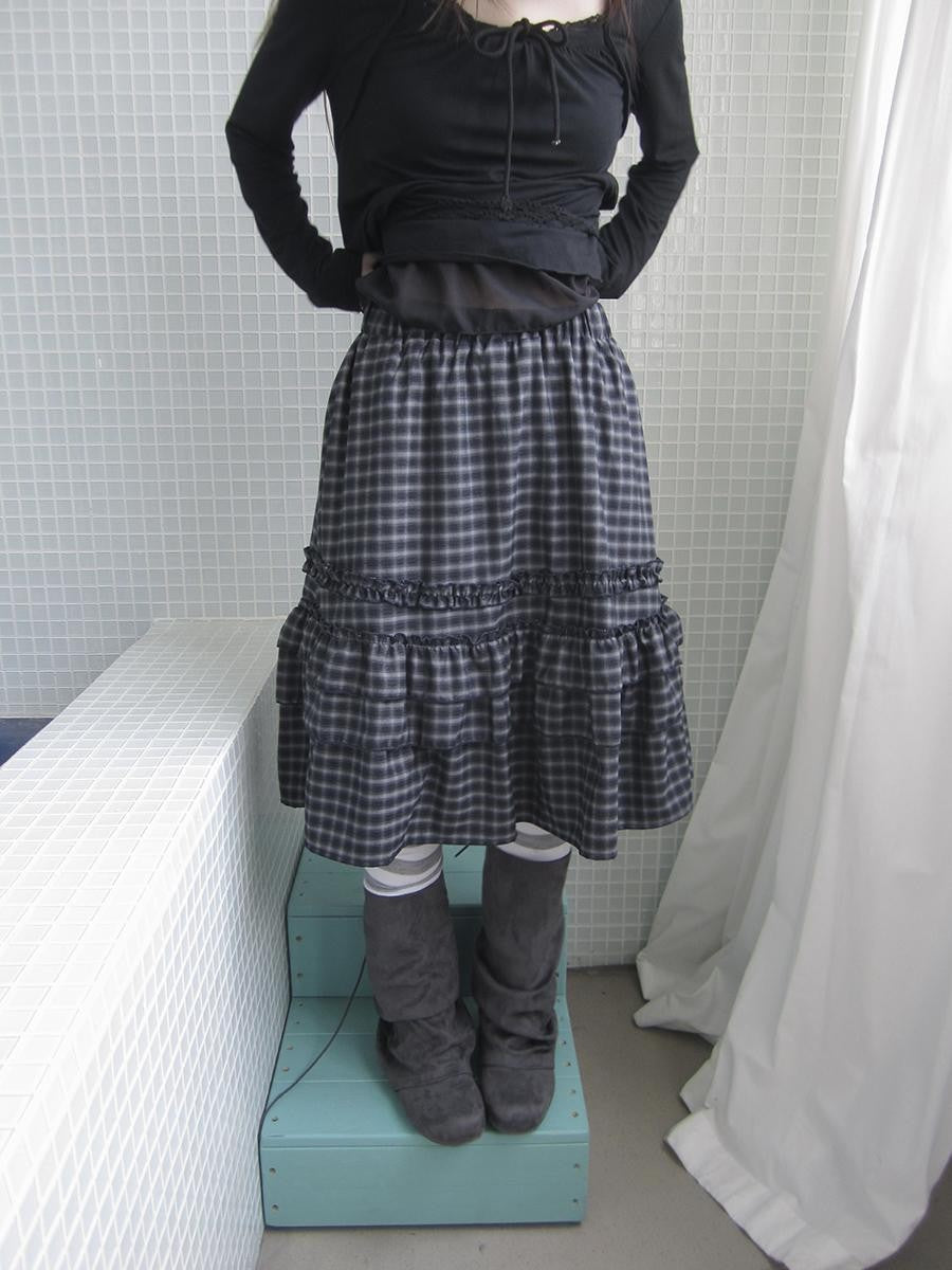 ang project Vintage Plaid Ruffle Edge Patchwork Pleated Women&