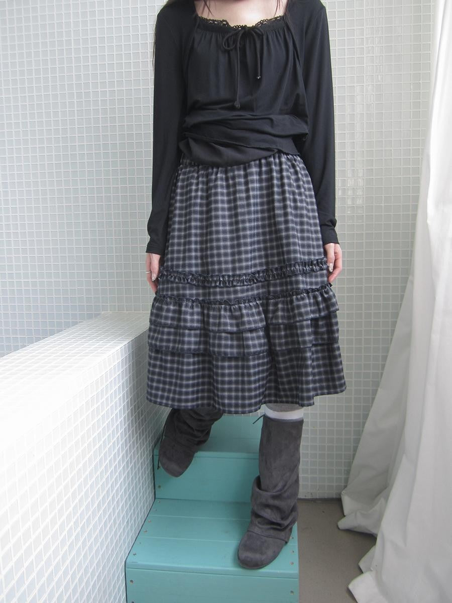 ang project Vintage Plaid Ruffle Edge Patchwork Pleated Women&