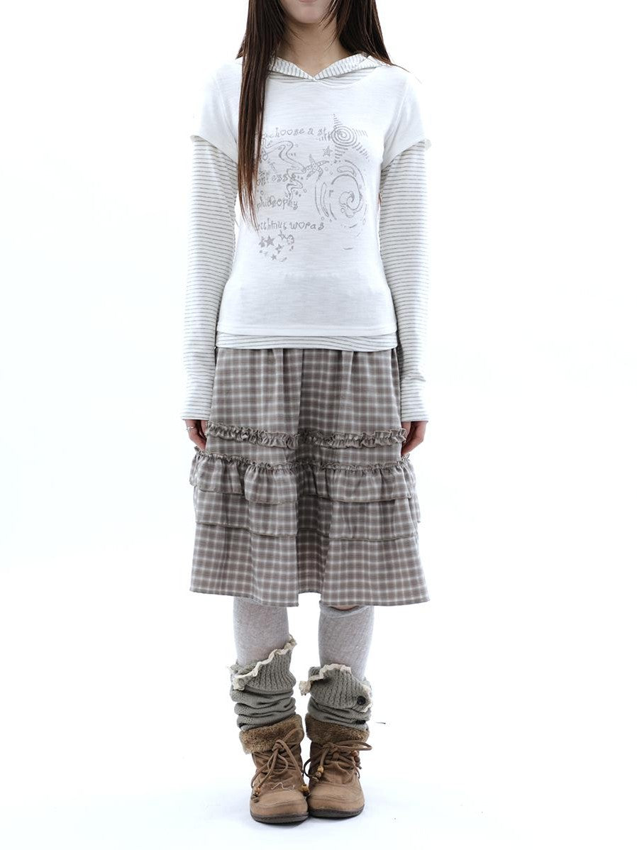 ang project Vintage Plaid Ruffle Edge Patchwork Pleated Women&