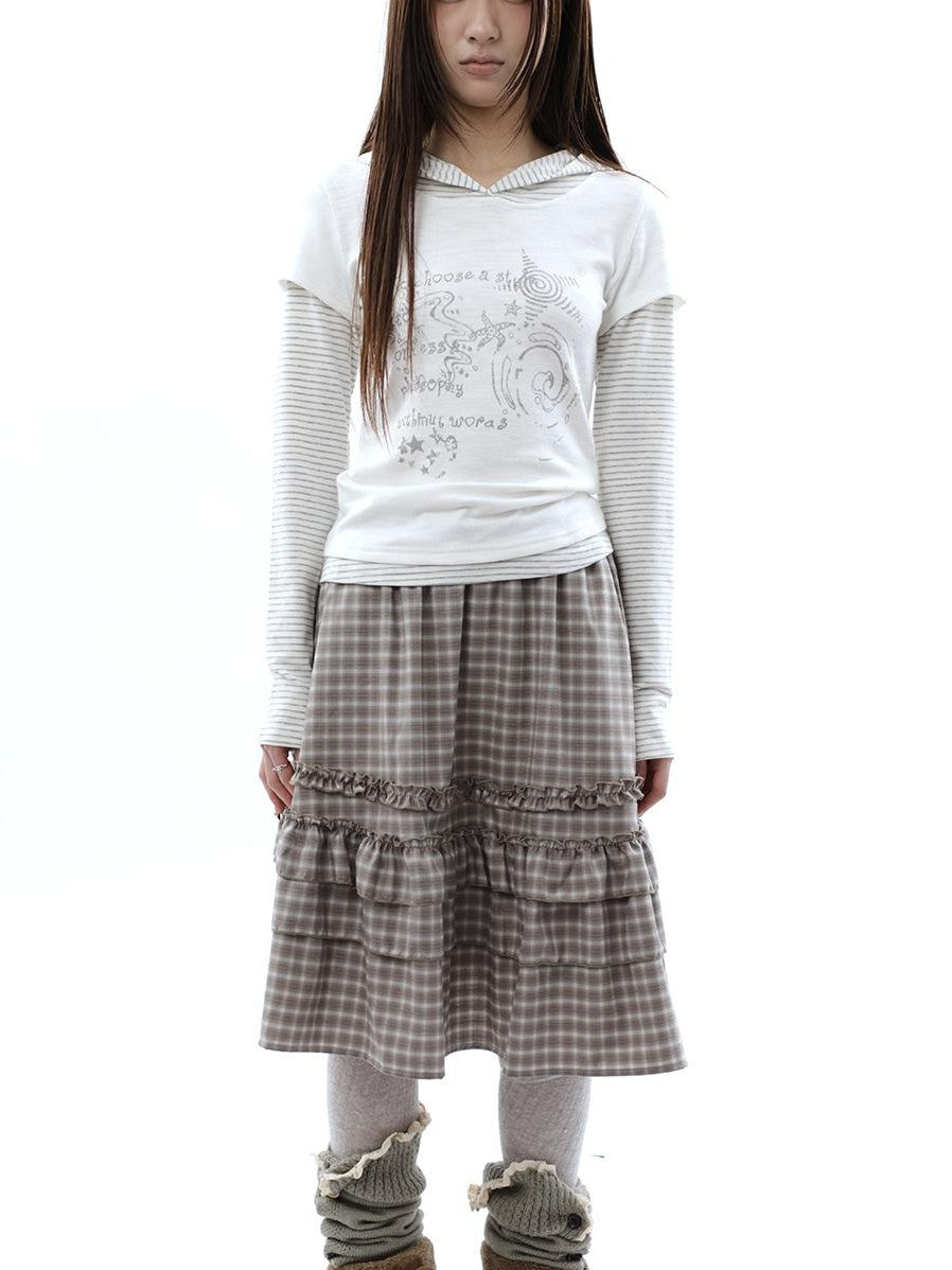 ang project Vintage Plaid Ruffle Edge Patchwork Pleated Women&
