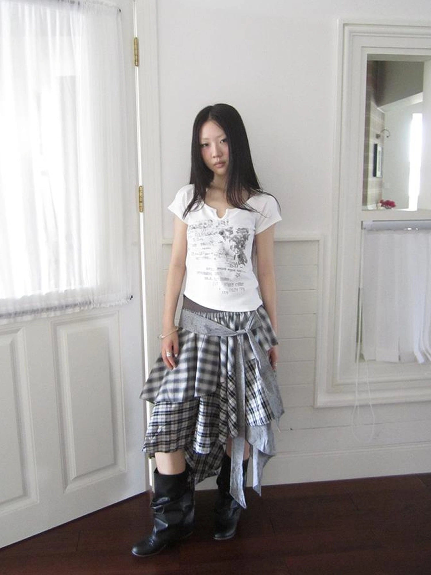 Vintage Plaid Skirt With Asymmetrical Hem And Elastic Waist