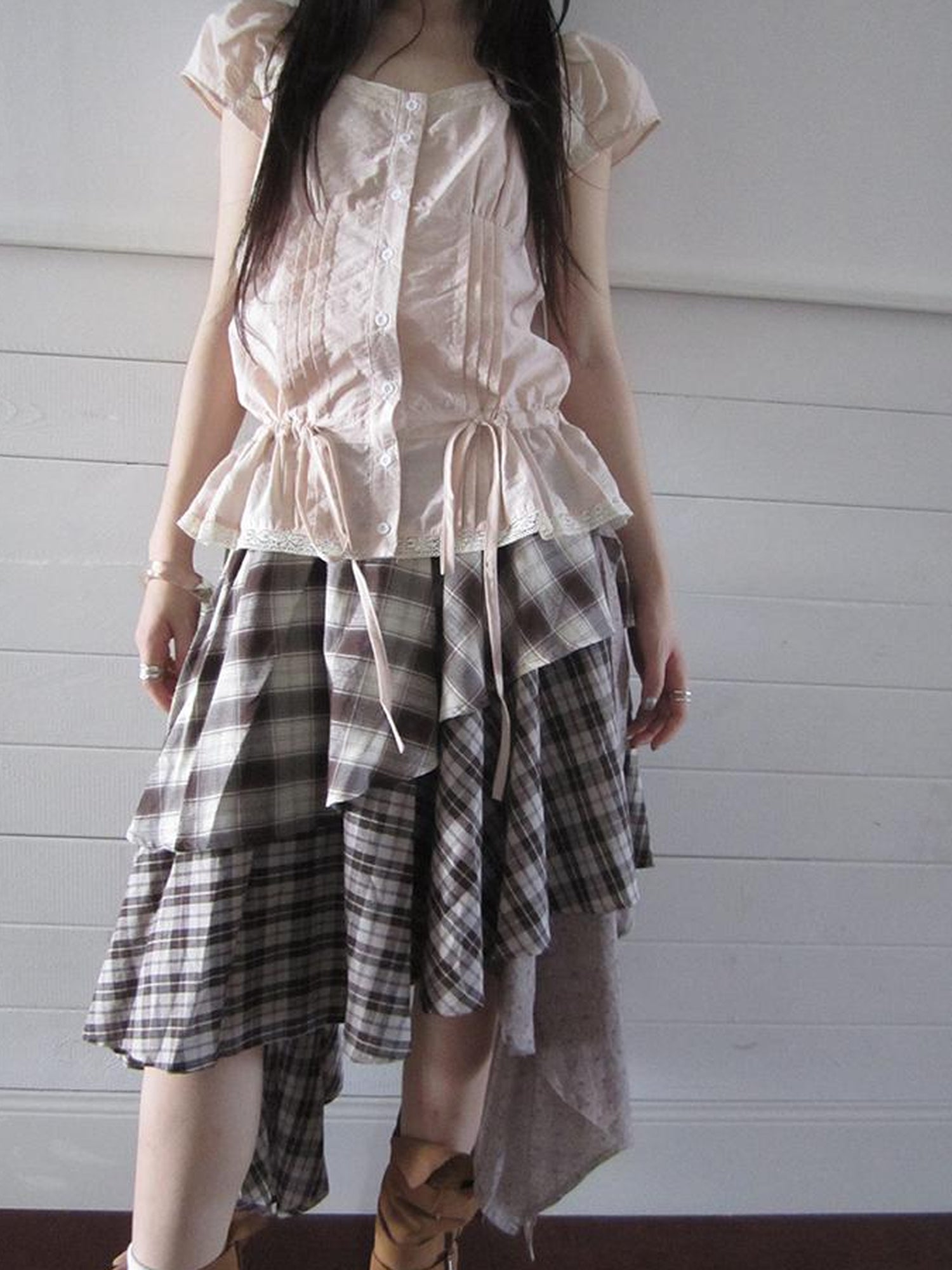 ang project Vintage Plaid Skirt With Asymmetrical Hem And Elastic Waist