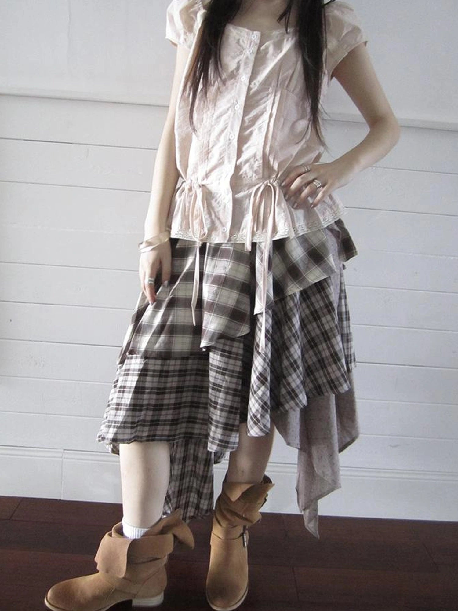 Vintage Plaid Skirt With Asymmetrical Hem And Elastic Waist