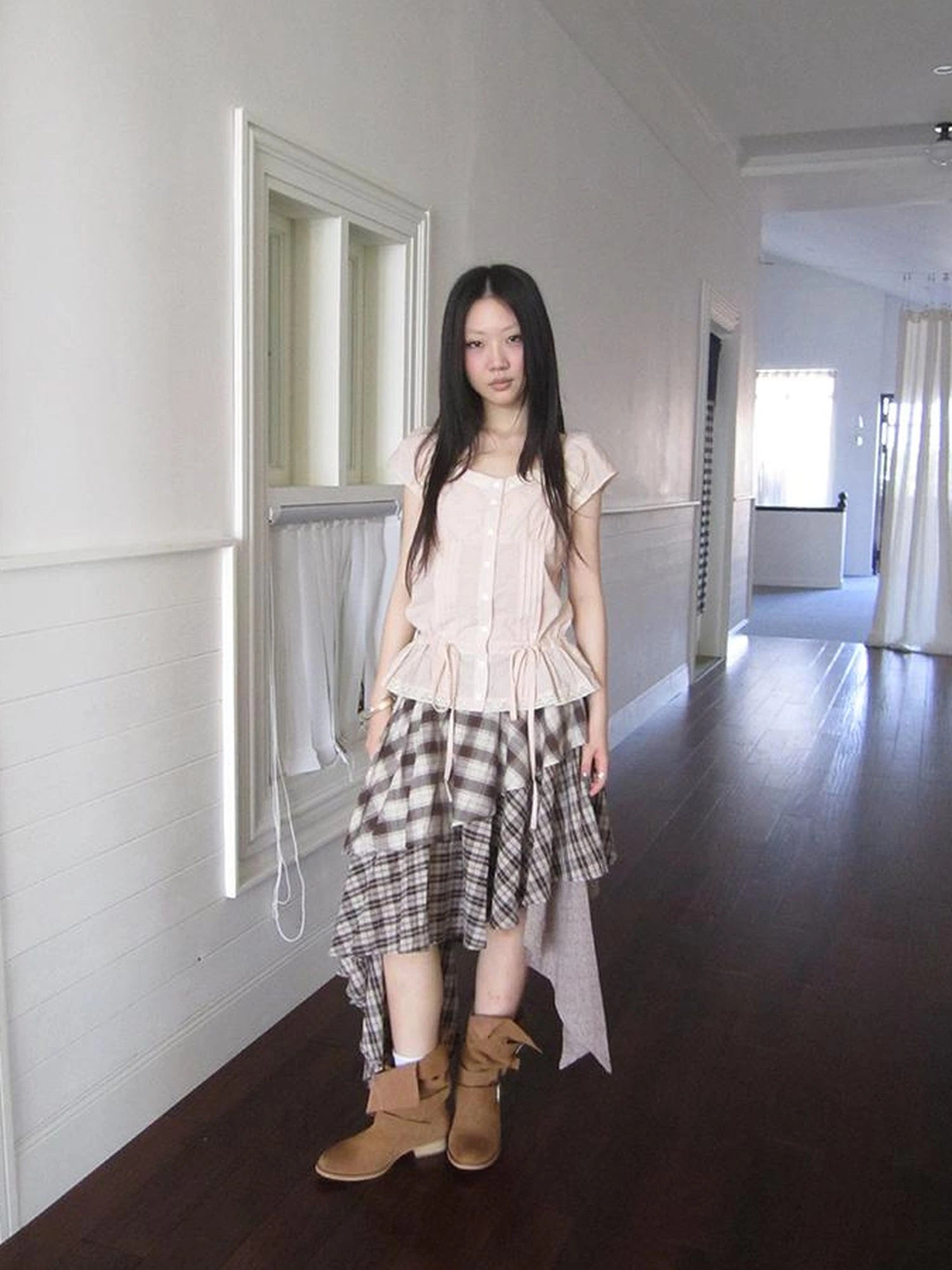 Vintage Plaid Skirt With Asymmetrical Hem And Elastic Waist