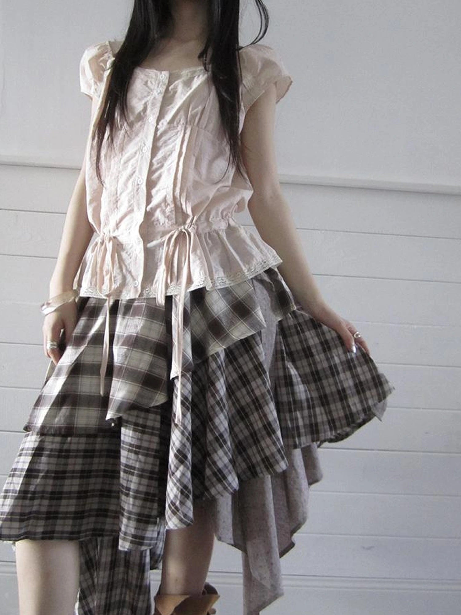 Vintage Plaid Skirt With Asymmetrical Hem And Elastic Waist