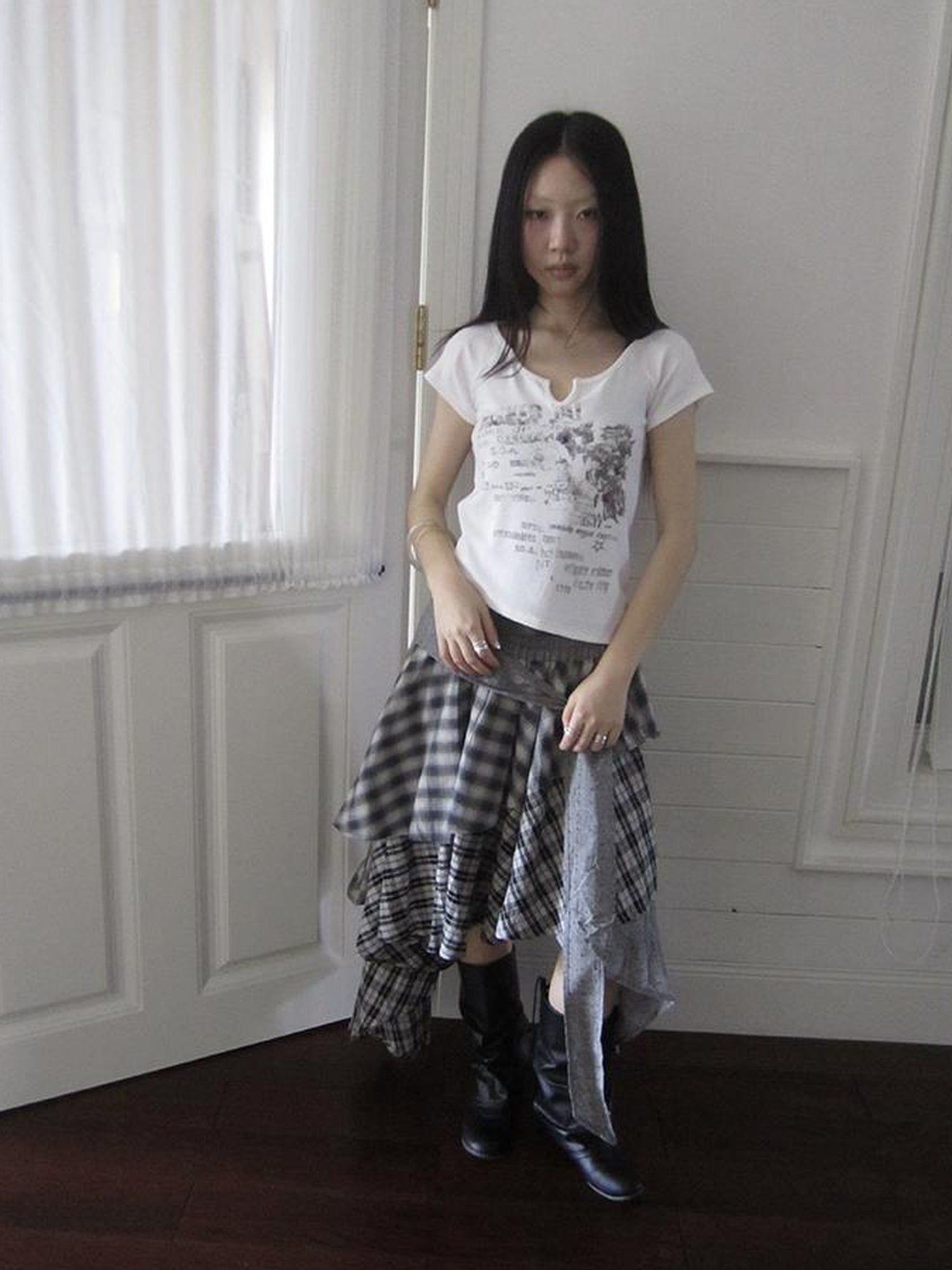 ang project Vintage Plaid Skirt With Asymmetrical Hem And Elastic Waist