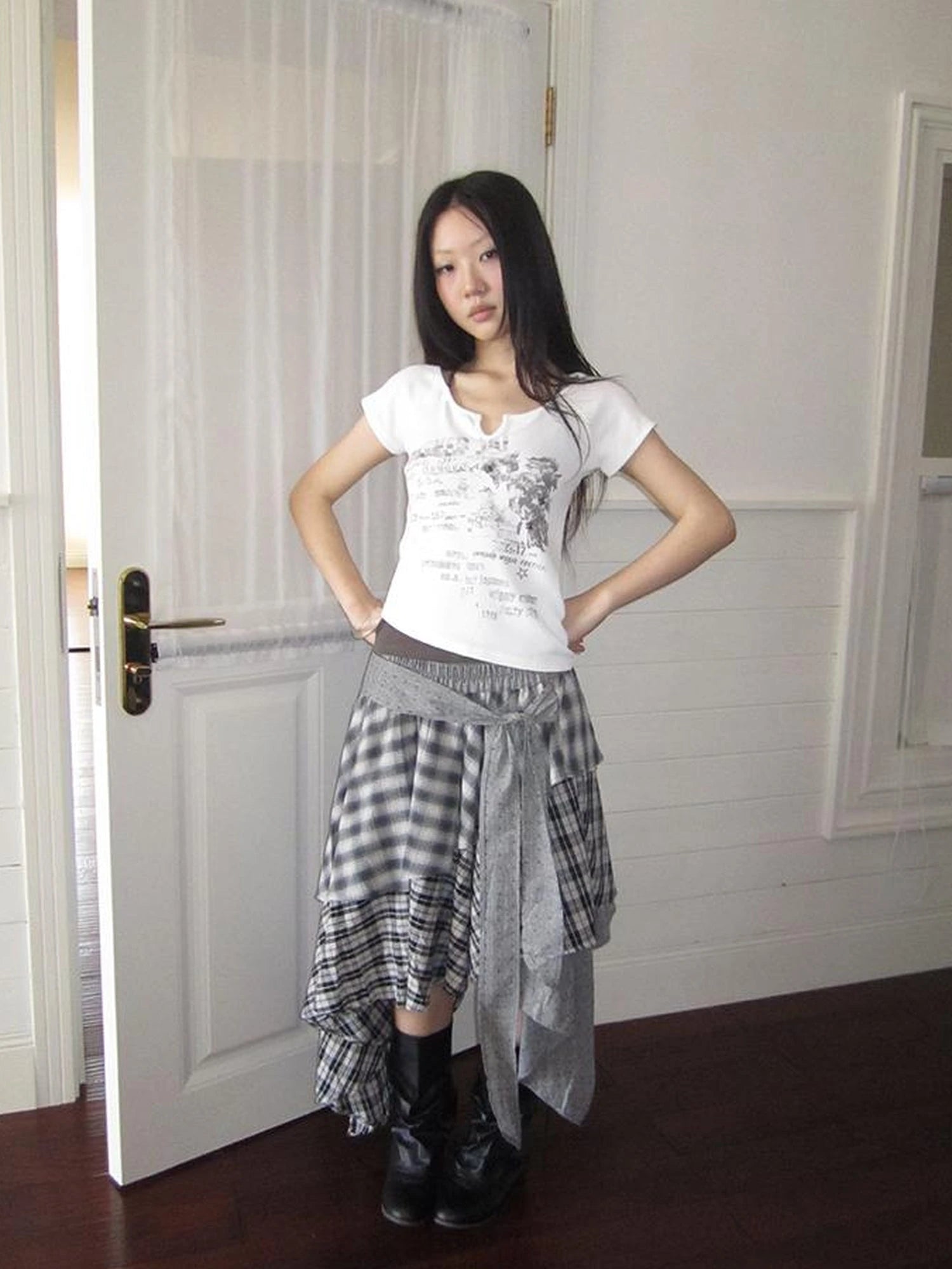 Vintage Plaid Skirt With Asymmetrical Hem And Elastic Waist