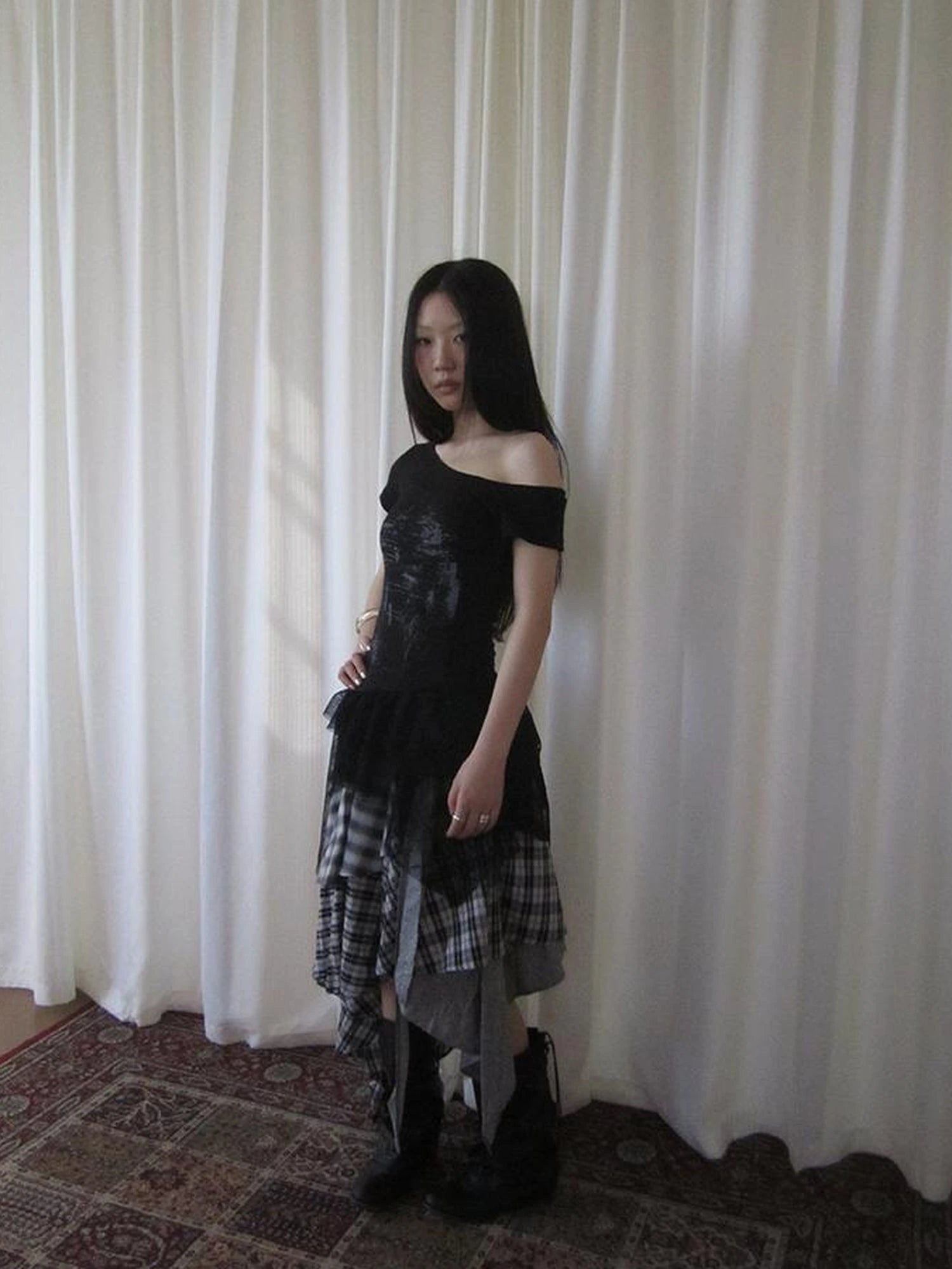 Vintage Plaid Skirt With Asymmetrical Hem And Elastic Waist