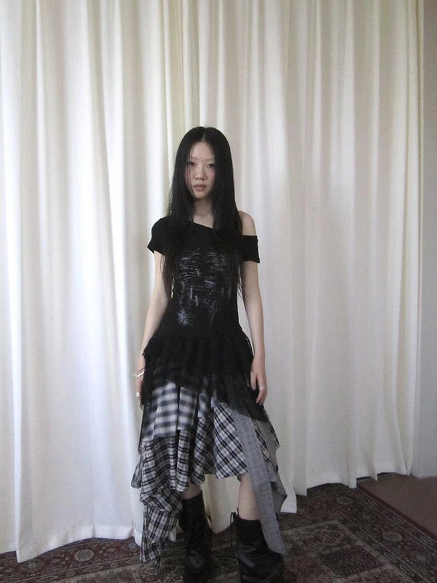 Vintage Plaid Skirt With Asymmetrical Hem And Elastic Waist