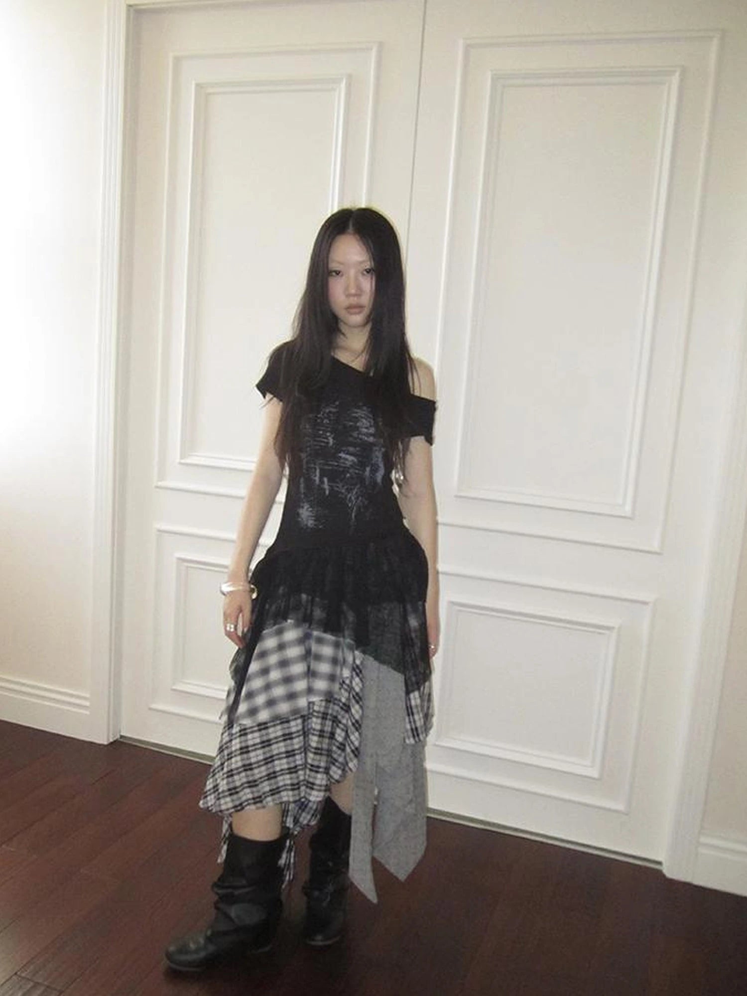 Vintage Plaid Skirt With Asymmetrical Hem And Elastic Waist