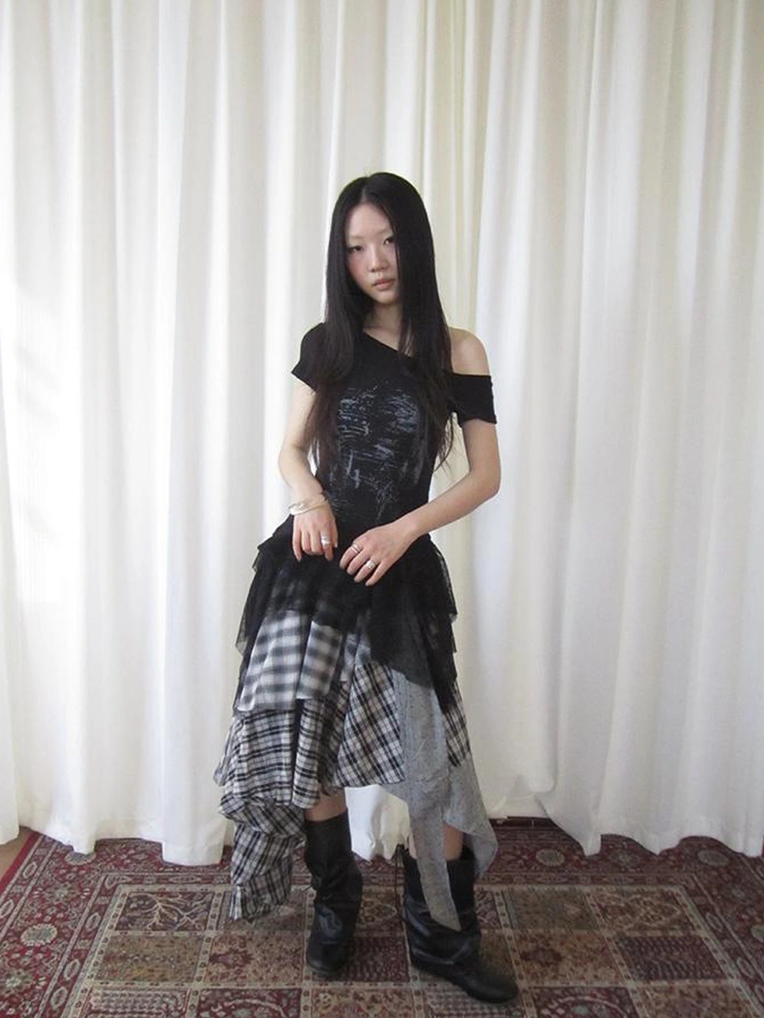 Vintage Plaid Skirt With Asymmetrical Hem And Elastic Waist