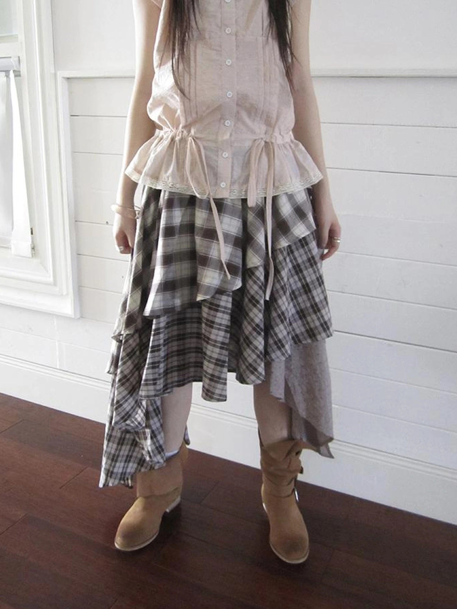 Vintage Plaid Skirt With Asymmetrical Hem And Elastic Waist