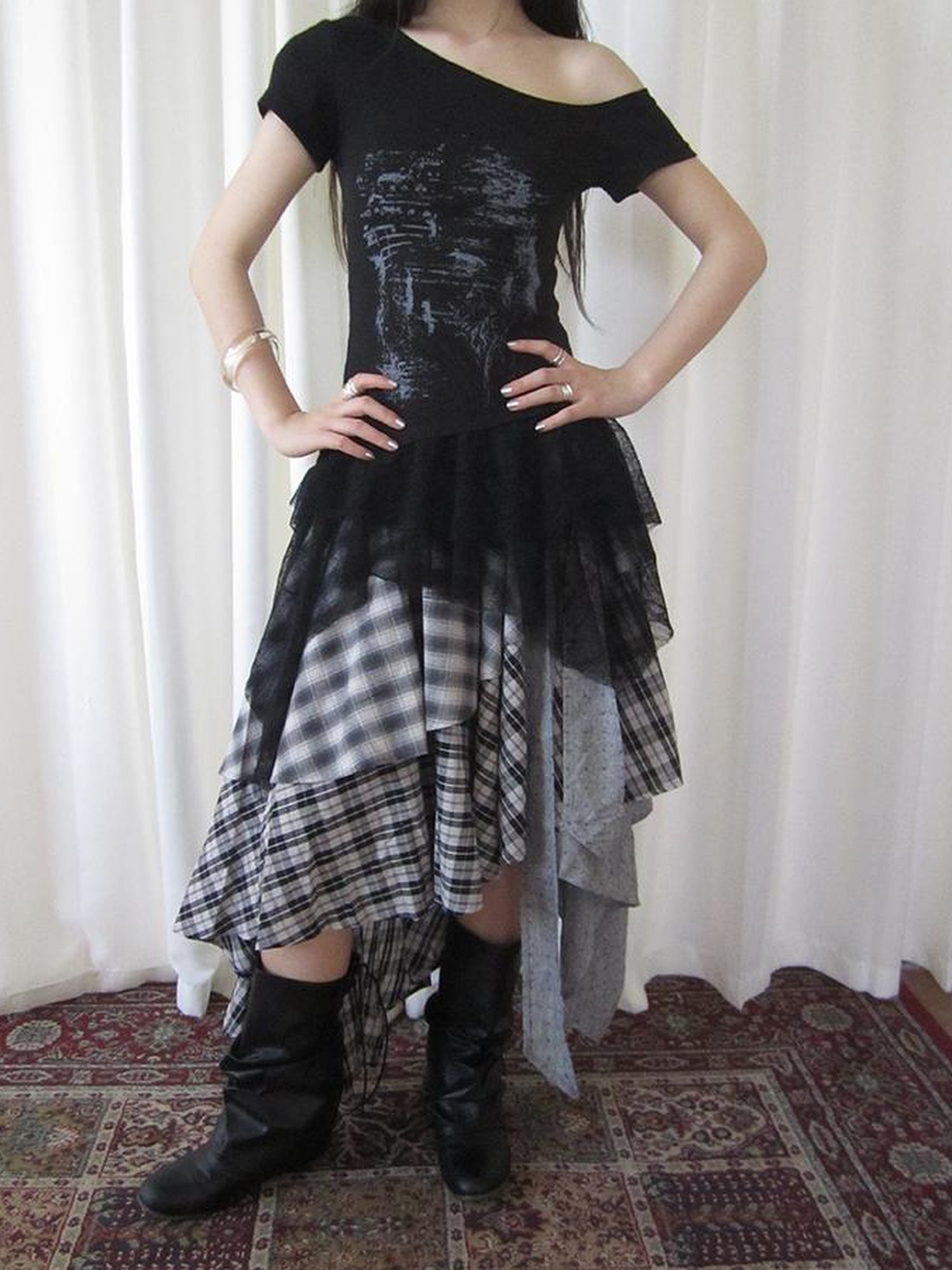 ang project Vintage Plaid Skirt With Asymmetrical Hem And Elastic Waist