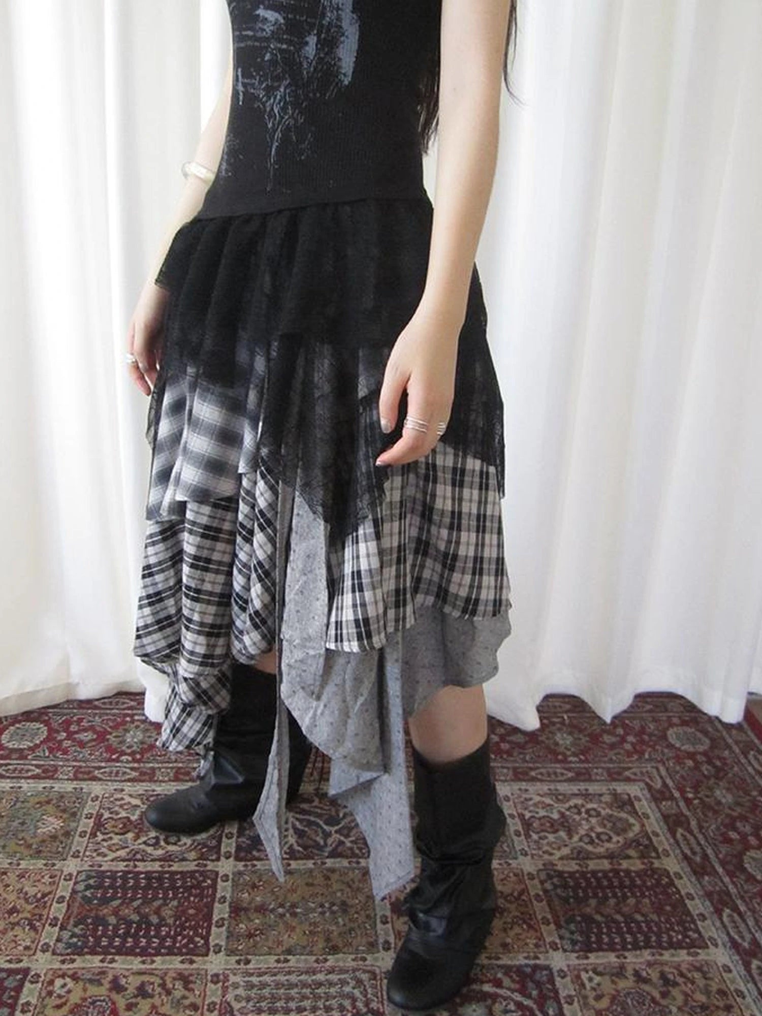 Vintage Plaid Skirt With Asymmetrical Hem And Elastic Waist