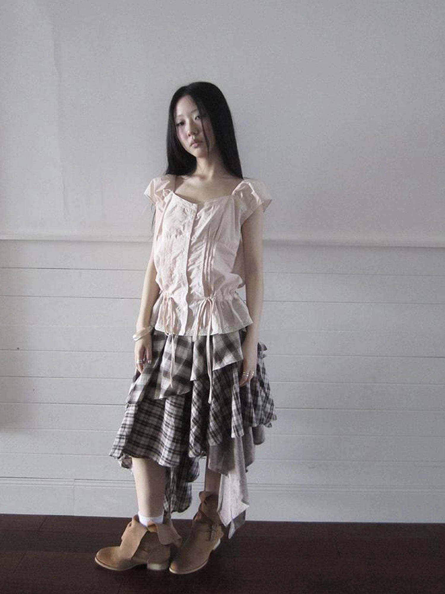Vintage Plaid Skirt With Asymmetrical Hem And Elastic Waist