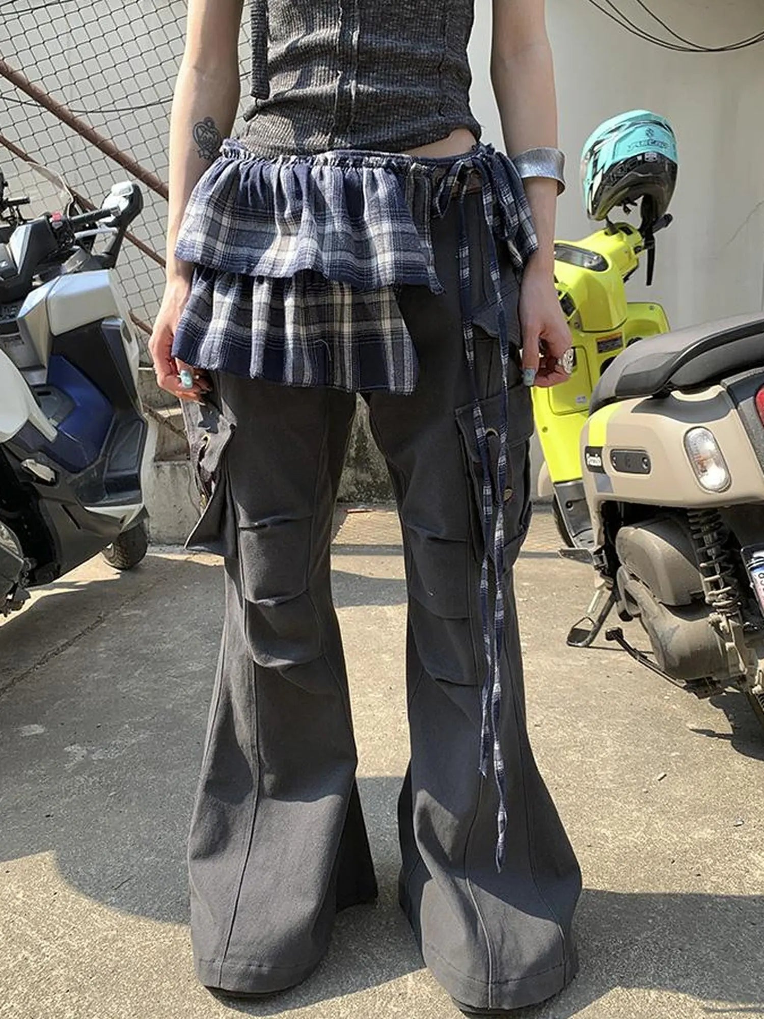 Vintage Plaid Tear Hem Double Layer Wrap Skirt