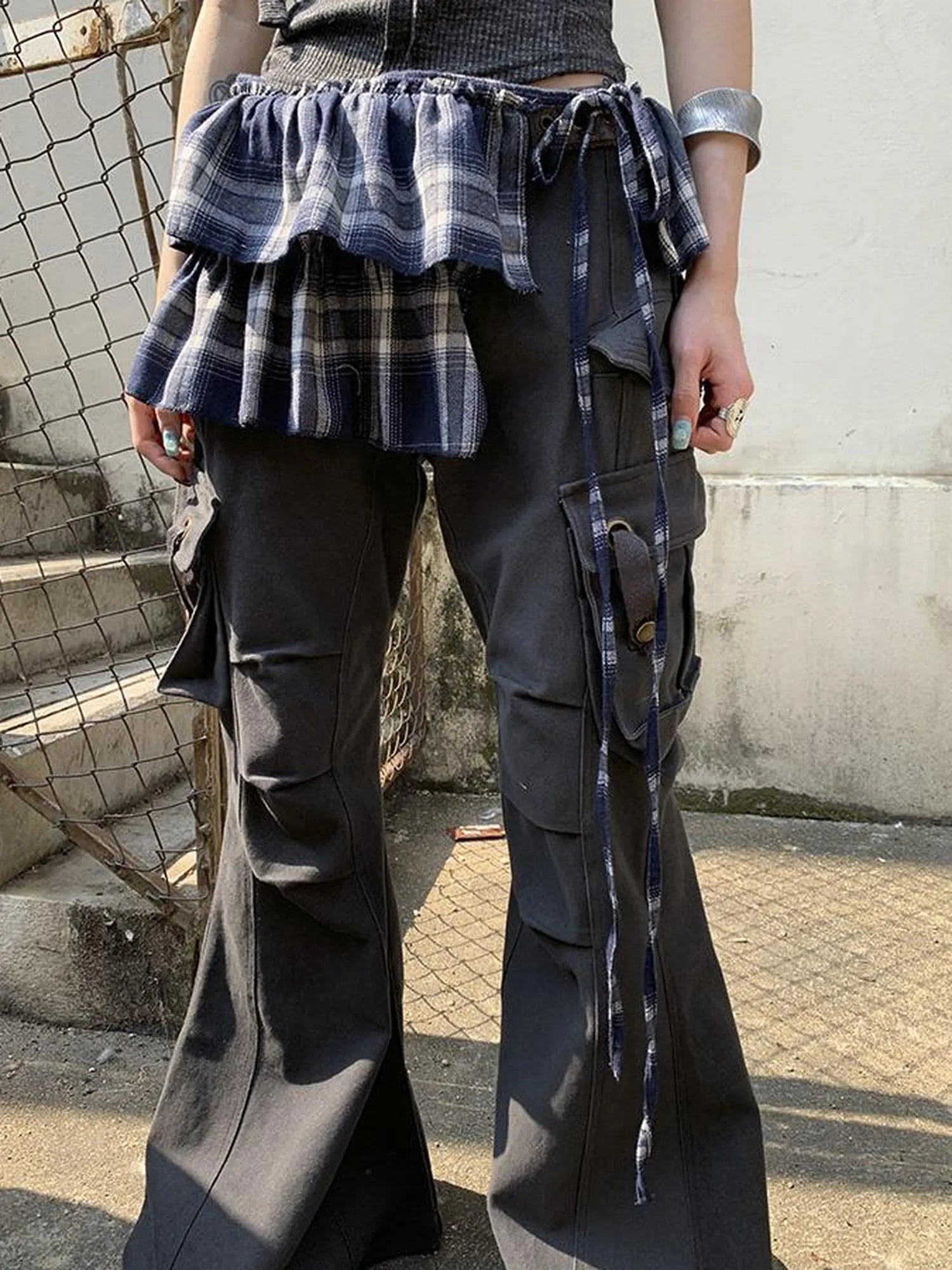 Vintage Plaid Tear Hem Double Layer Wrap Skirt