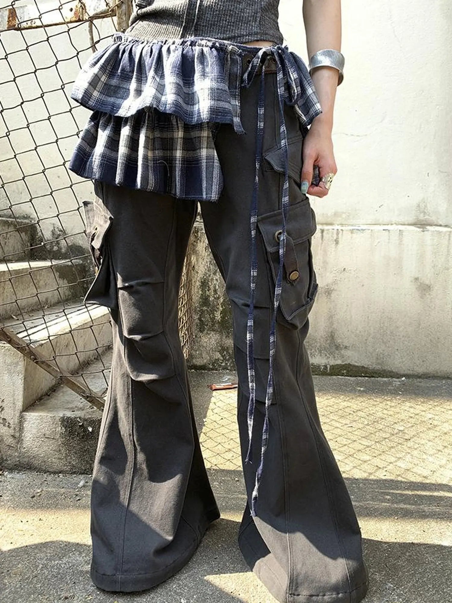 Vintage Plaid Tear Hem Double Layer Wrap Skirt