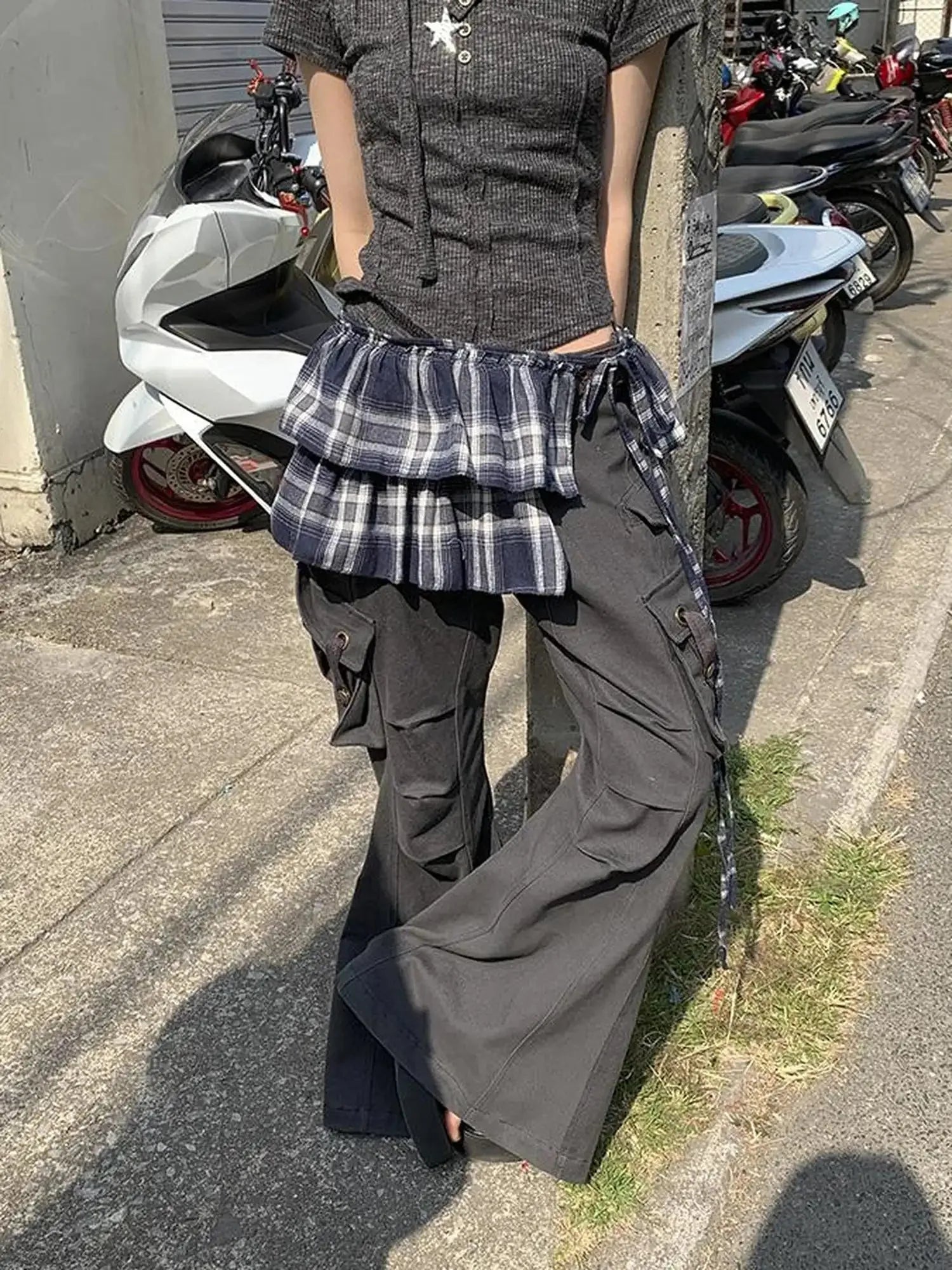Vintage Plaid Tear Hem Double Layer Wrap Skirt