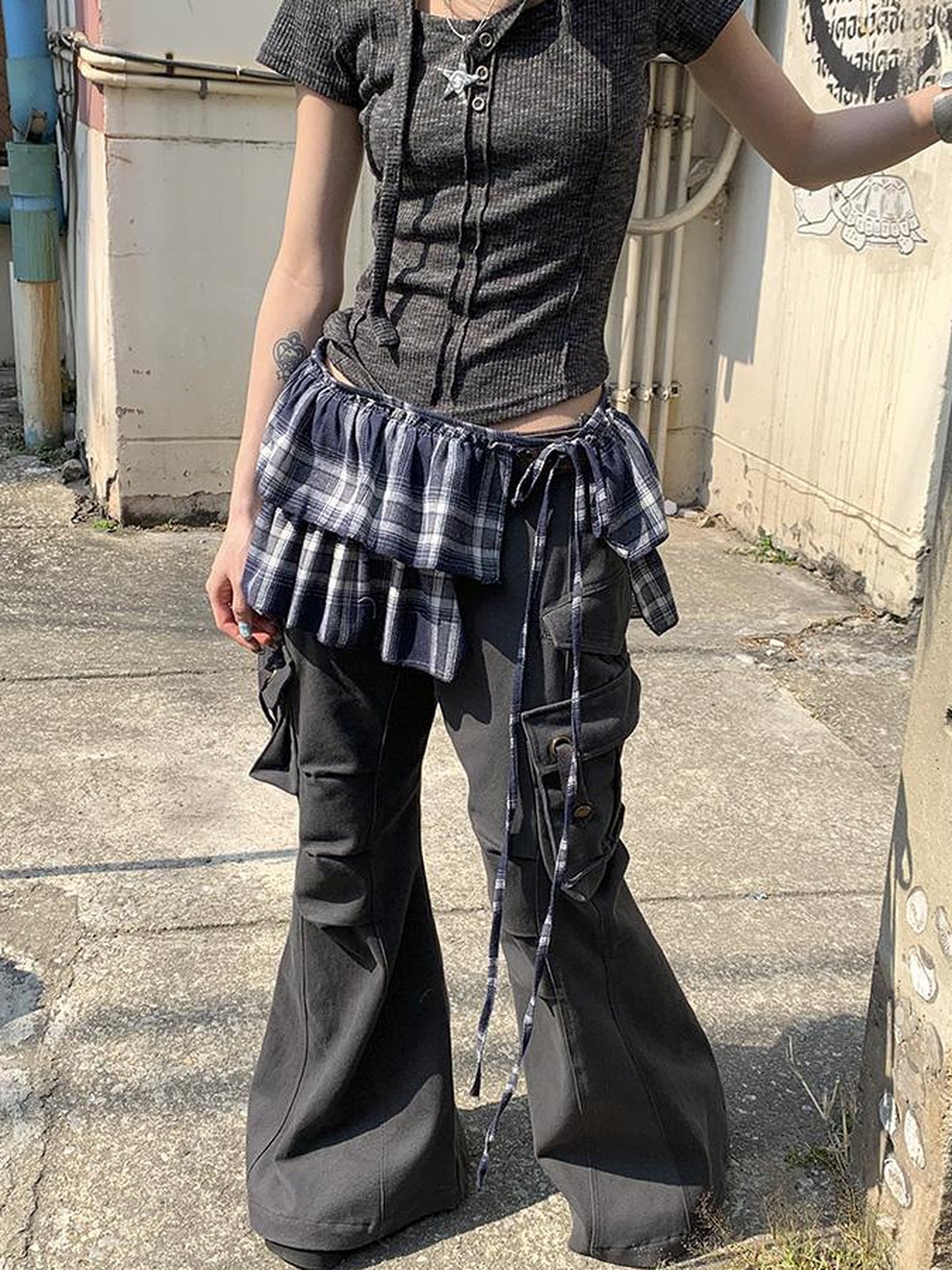 ang project Vintage Plaid Tear Hem Double Layer Wrap Skirt