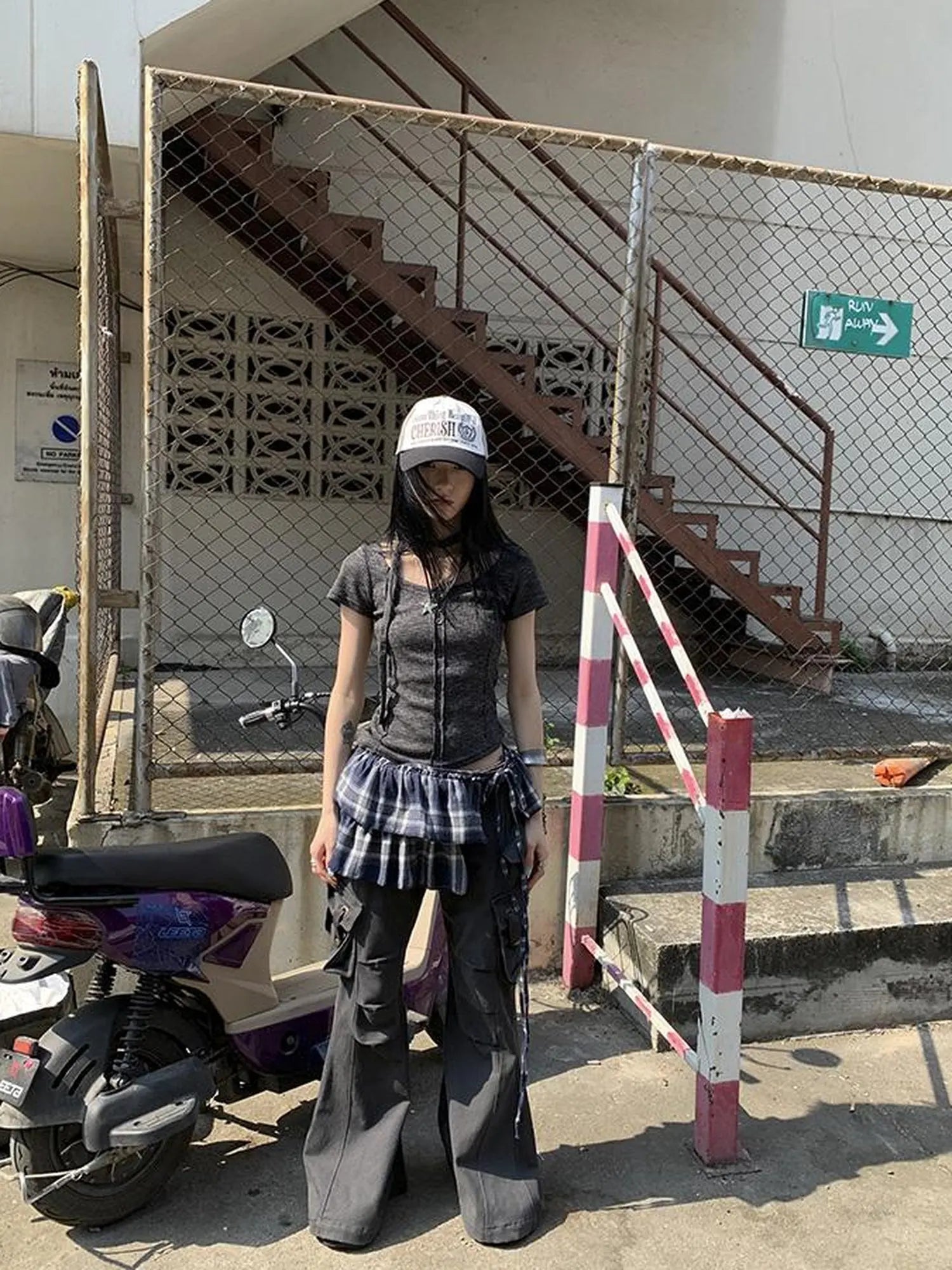 Vintage Plaid Tear Hem Double Layer Wrap Skirt