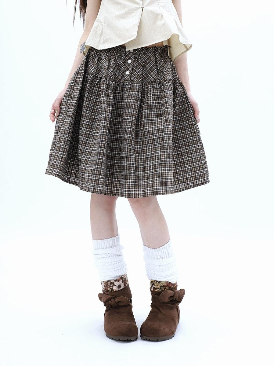 ang project Vintage Plaid Three Button Elastic Waist Tie A Line Women&