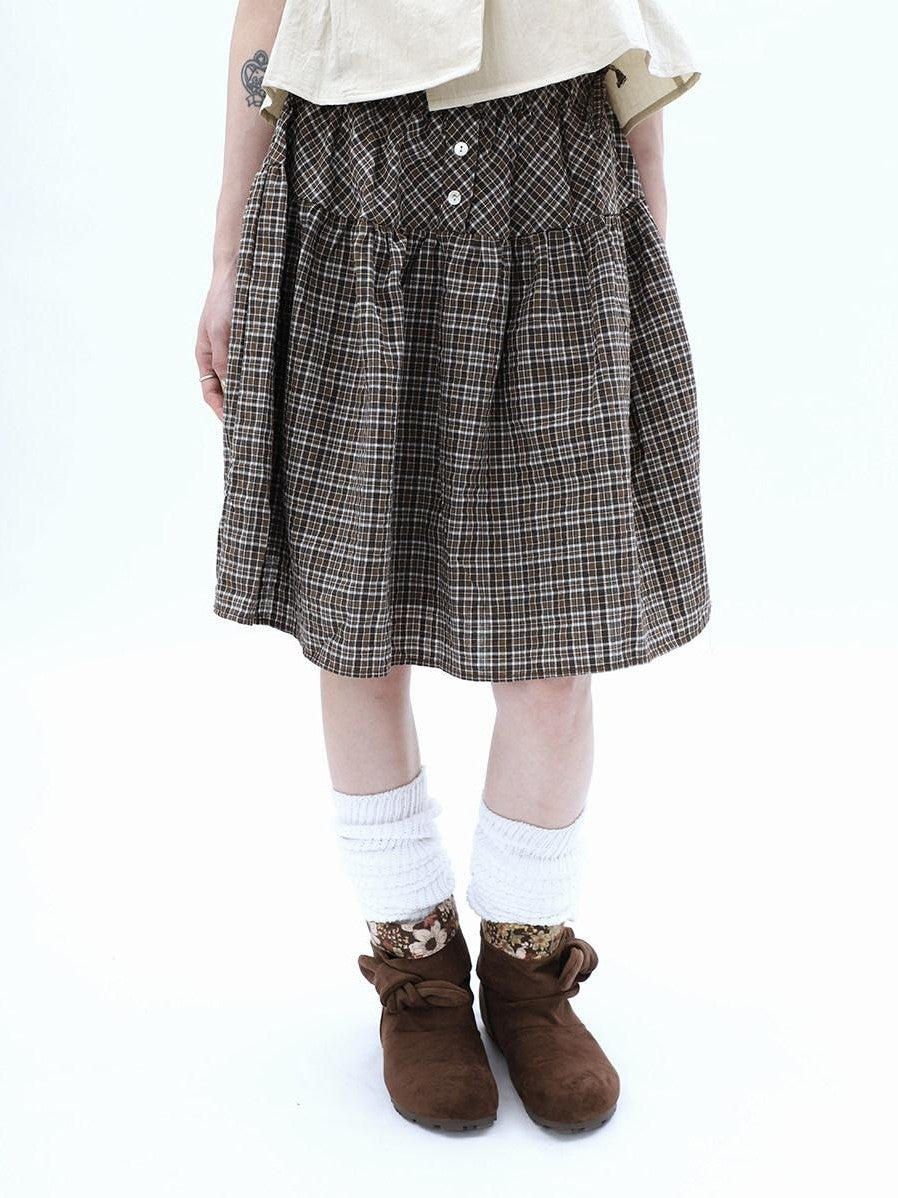 ang project Vintage Plaid Three Button Elastic Waist Tie A Line Women&