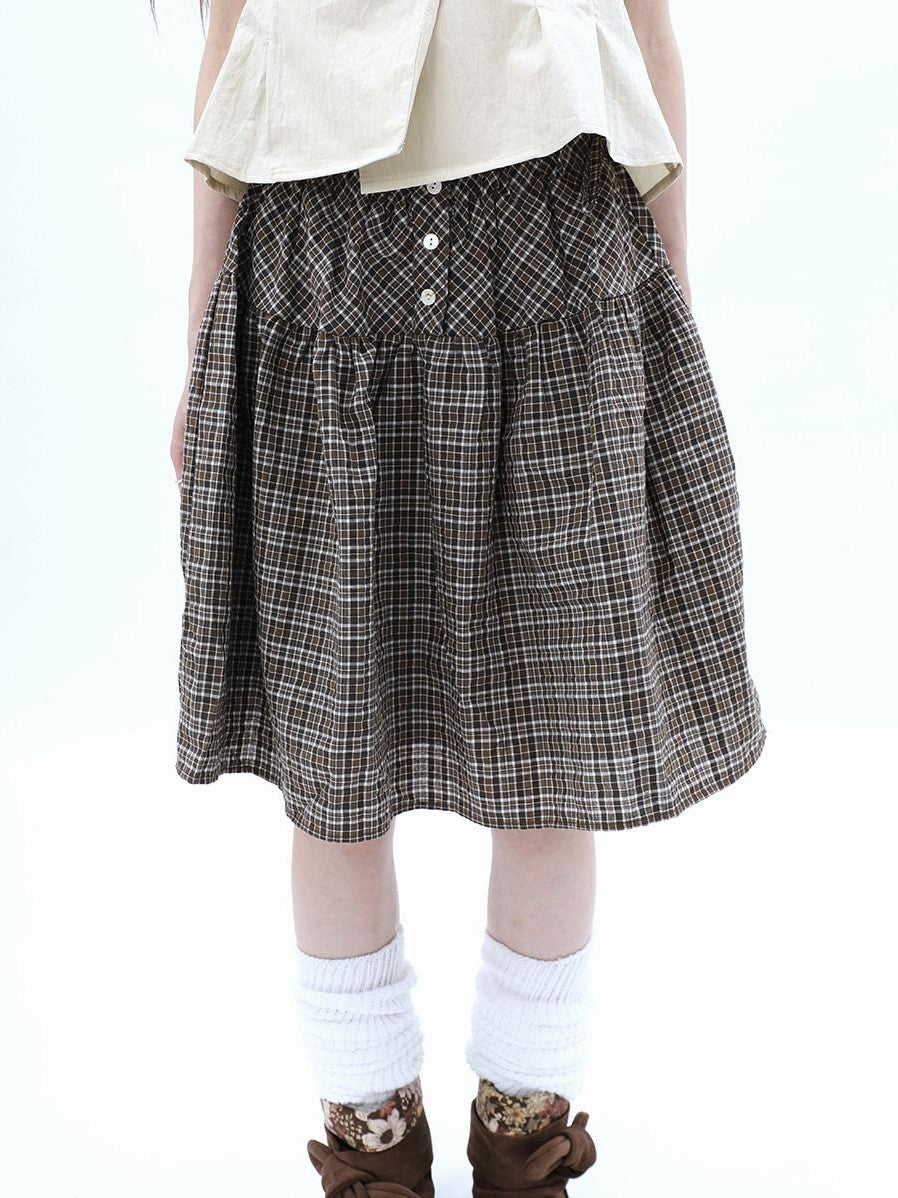 ang project Vintage Plaid Three Button Elastic Waist Tie A Line Women&