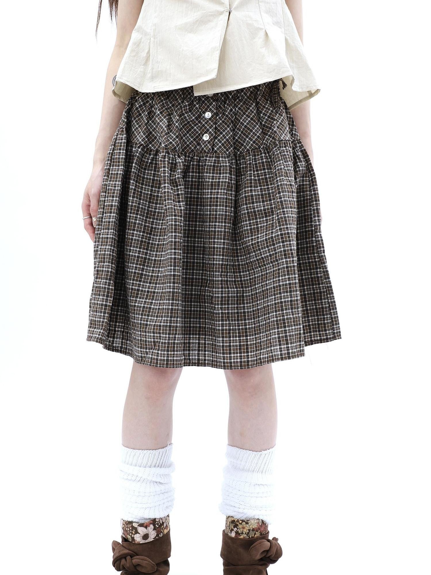 ang project Vintage Plaid Three Button Elastic Waist Tie A Line Women&