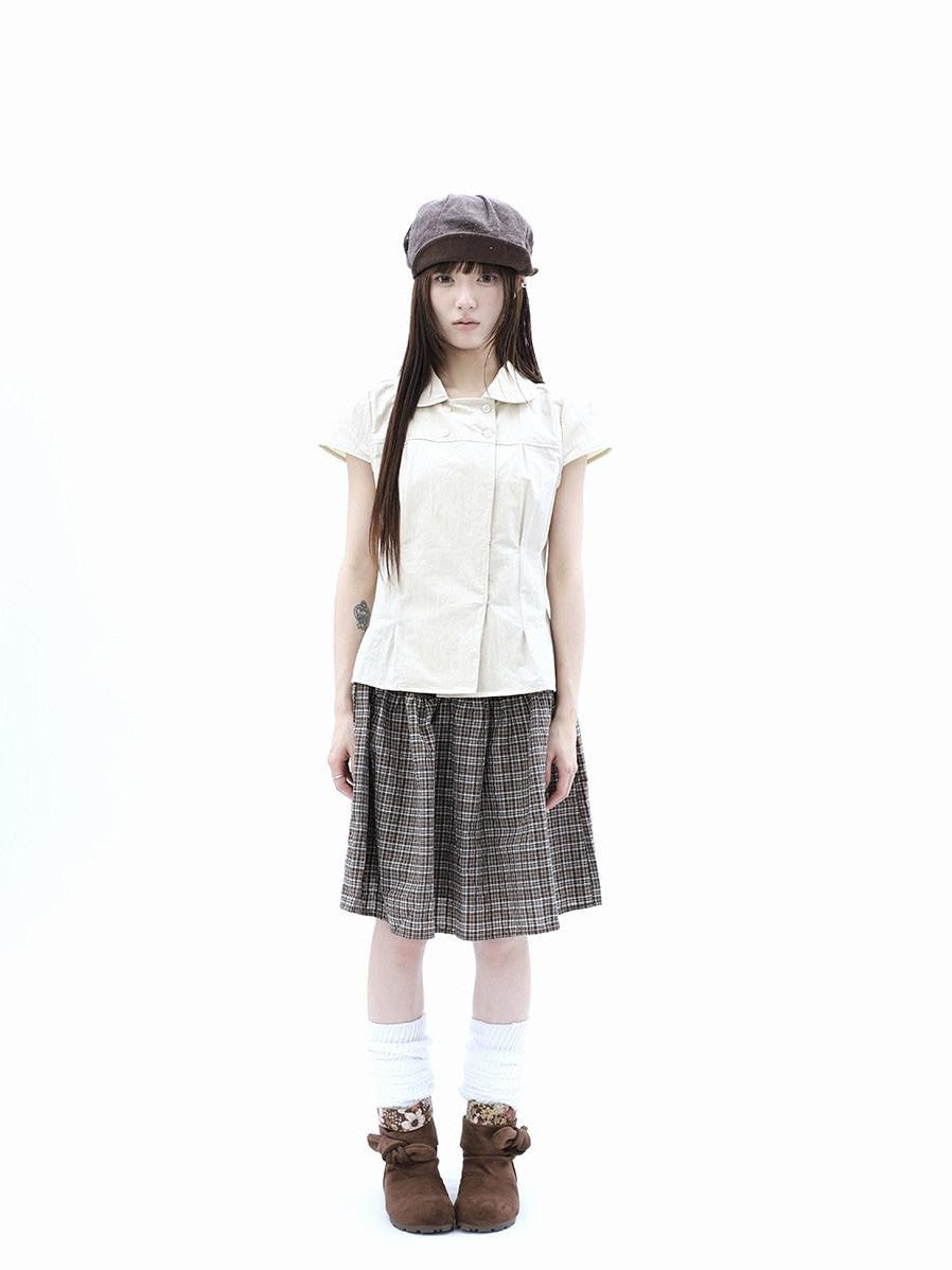 ang project Vintage Plaid Three Button Elastic Waist Tie A Line Women&