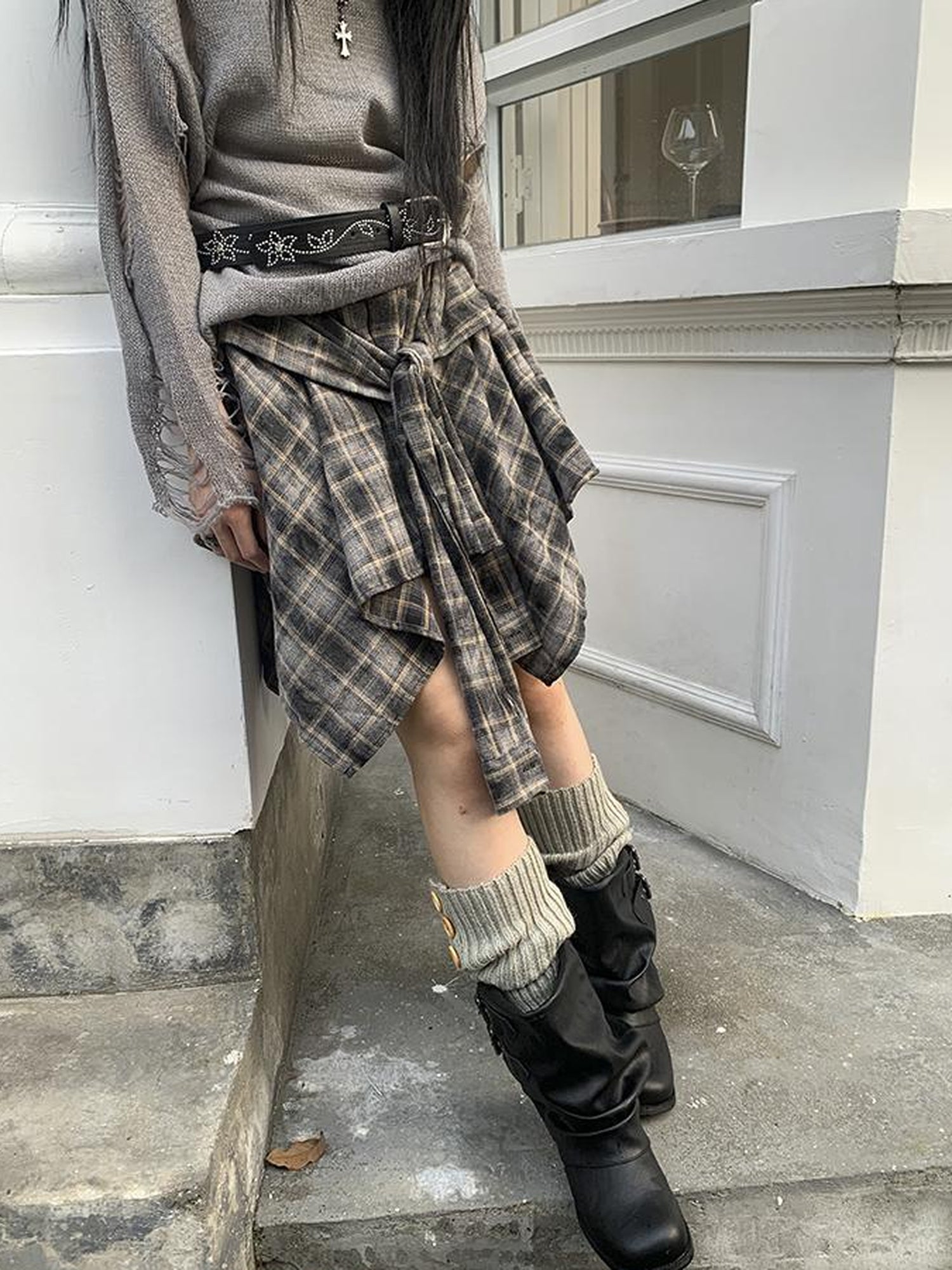 ang project Vintage Plaid Wrap Mini Skirt High Waist Adjustable Waistband
