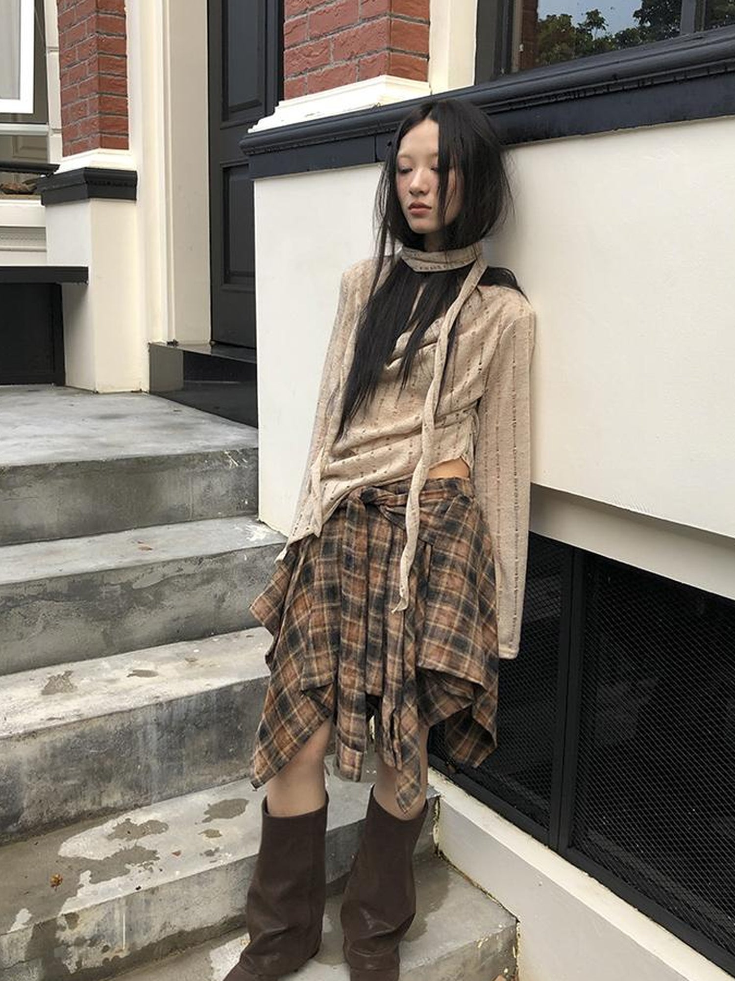 ang project Vintage Plaid Wrap Mini Skirt High Waist Adjustable Waistband