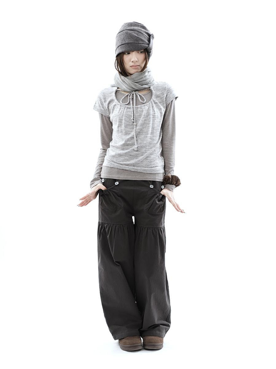 ang project Vintage Pleated Button Elastic Waist Women&