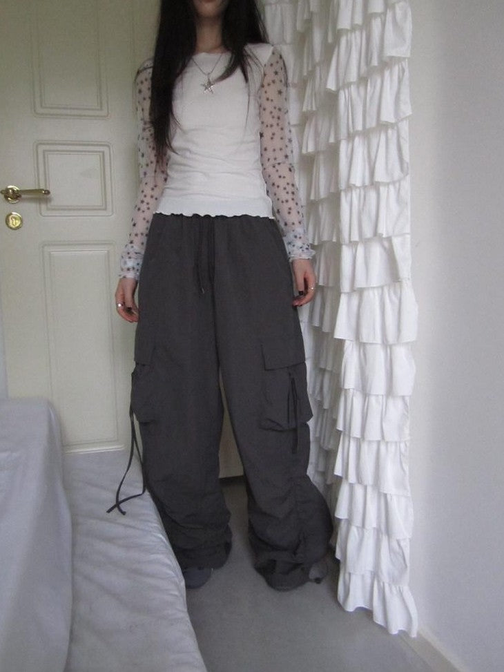 ang project Vintage Pleated Drawstring Cargo Tie Waist Women&