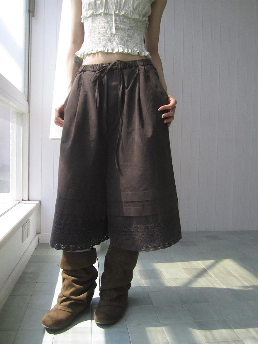 ang project Vintage Pleated Lace Elastic Waist Women&