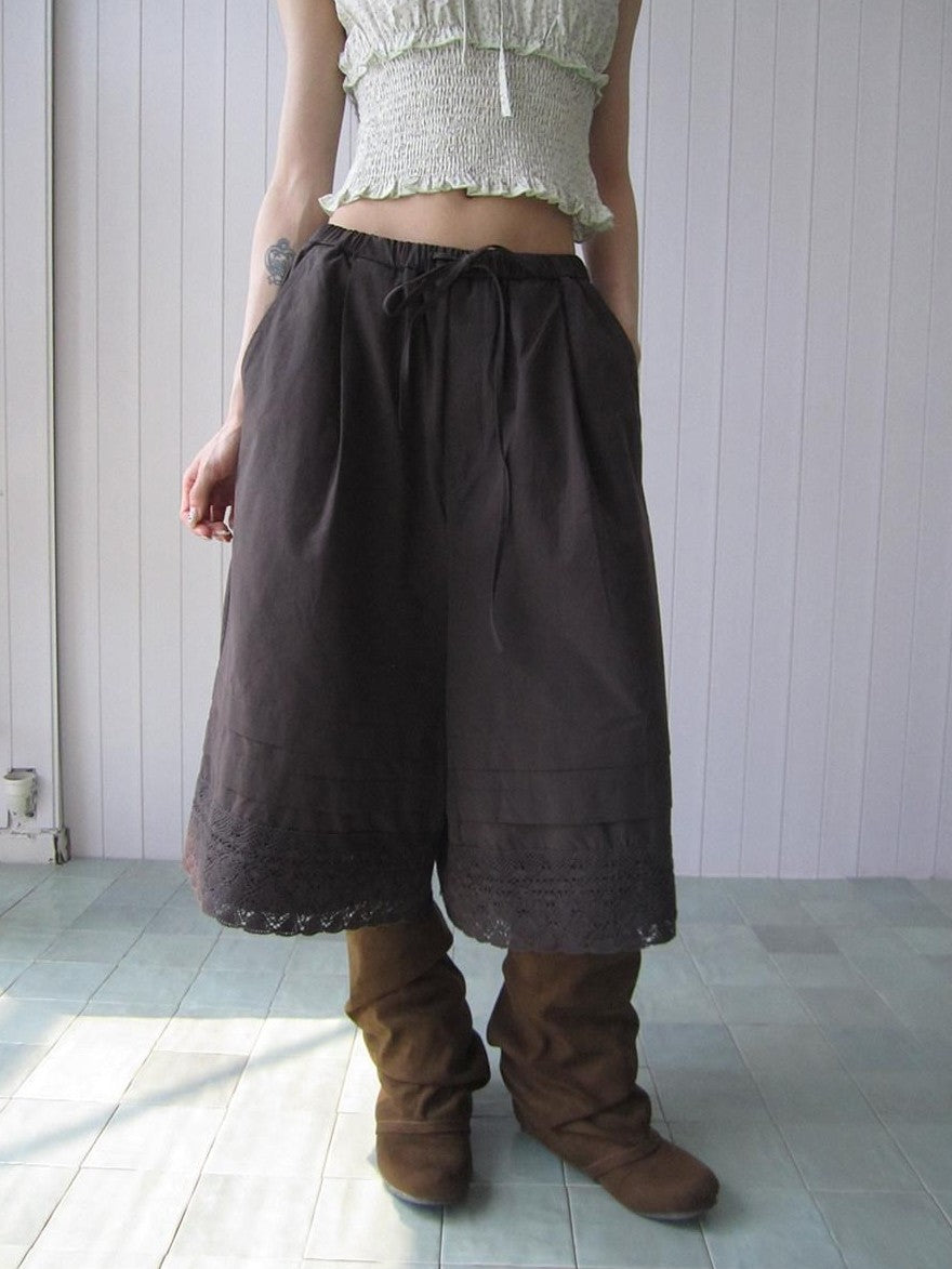 ang project Vintage Pleated Lace Elastic Waist Women&