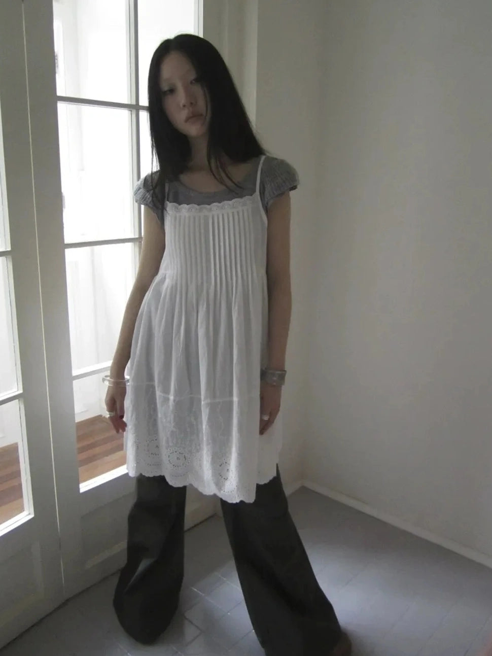 ang project Vintage Pleated Lace Slip Dress Dresses