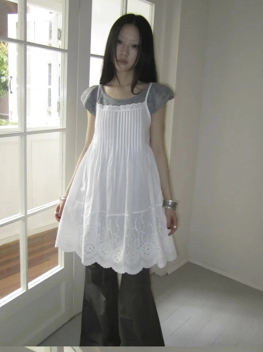 Vintage Pleated Lace Slip Dress Dresses